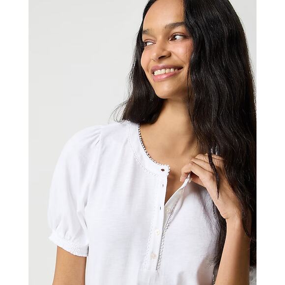 NWT J.Crew Smocked Henley Knit Top White Size L - Picture 2 of 8